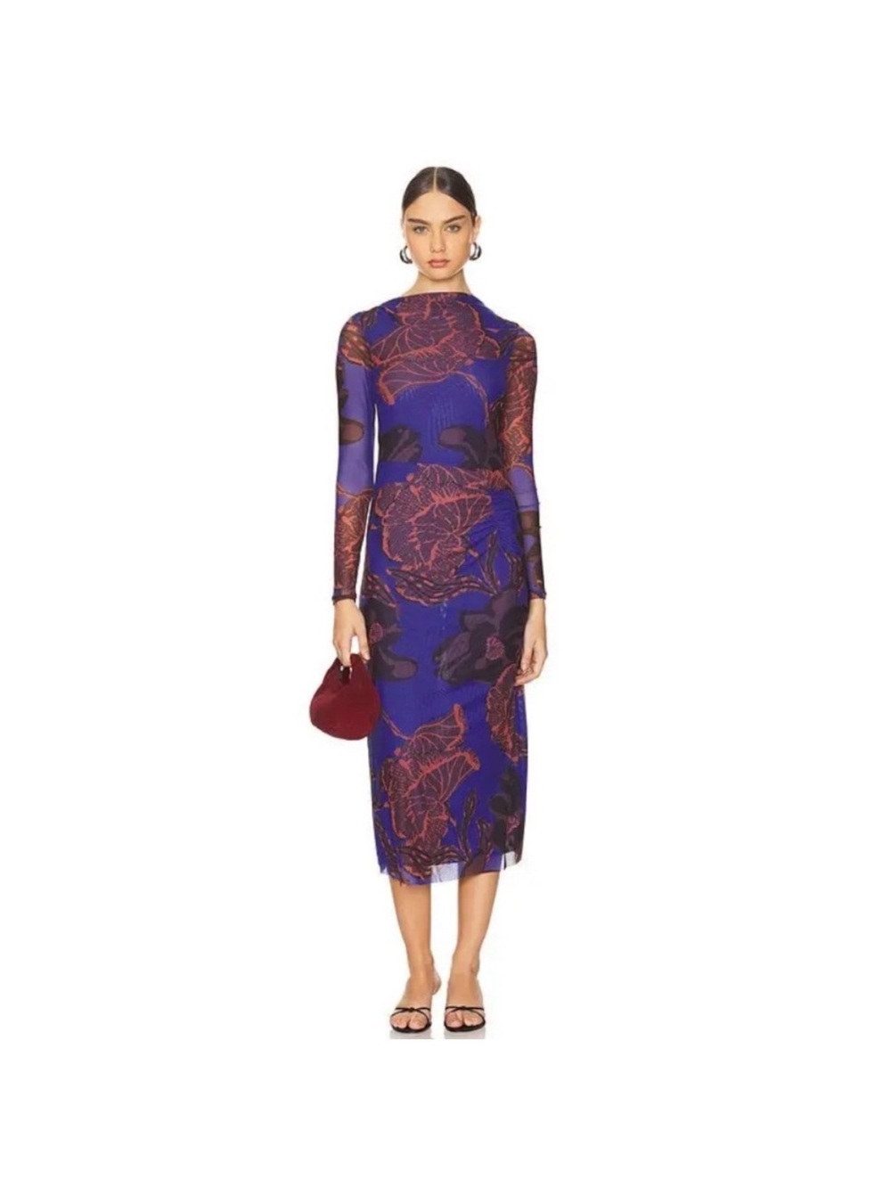 Cleobella Kataya Long Sleeve Mesh Dress in Blue with Red & Black Floral Print